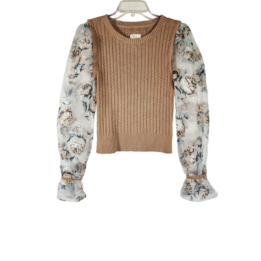 Maeve Sweater Top Womens XS Brown Sheer Floral Prairie Cottagecore Fairycore